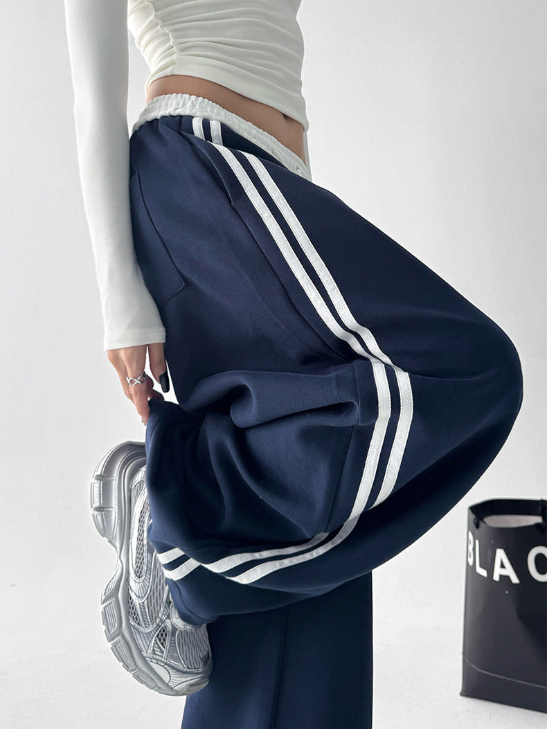 Navy Blue High Waist Contrast Band Baggy Pant