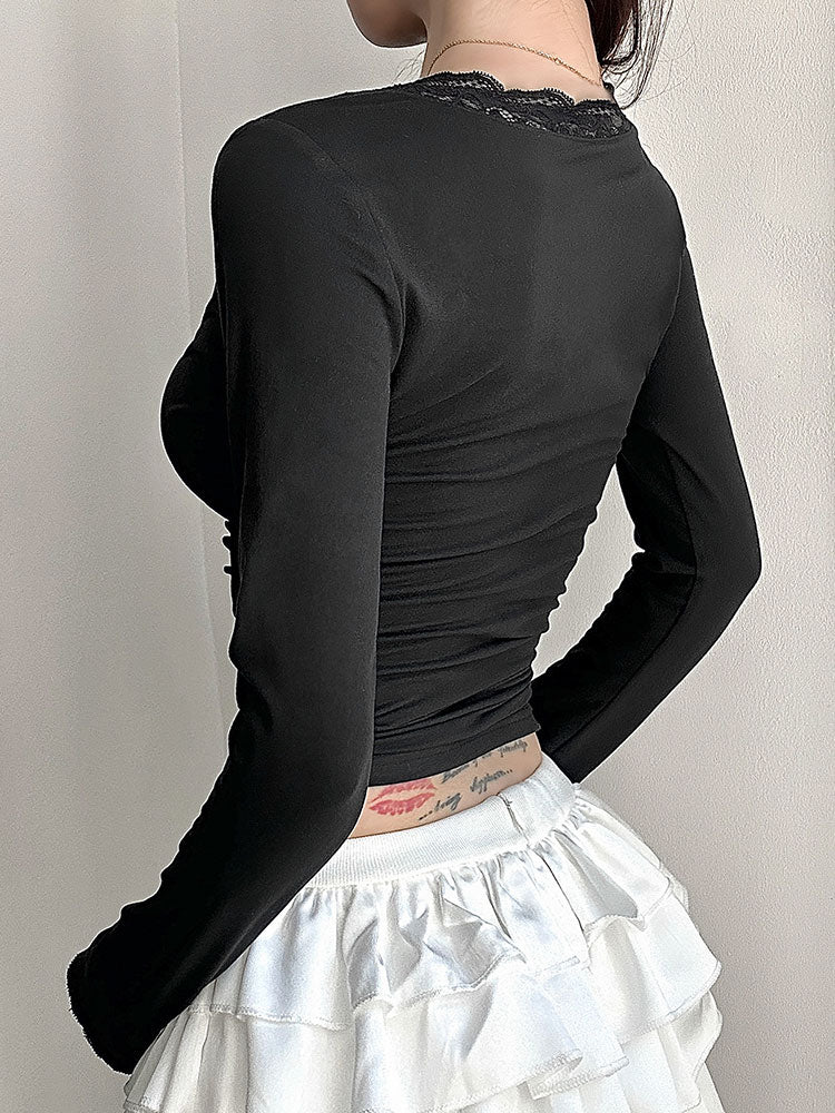 Black Lace Insert V Neck Full Sleeves Top