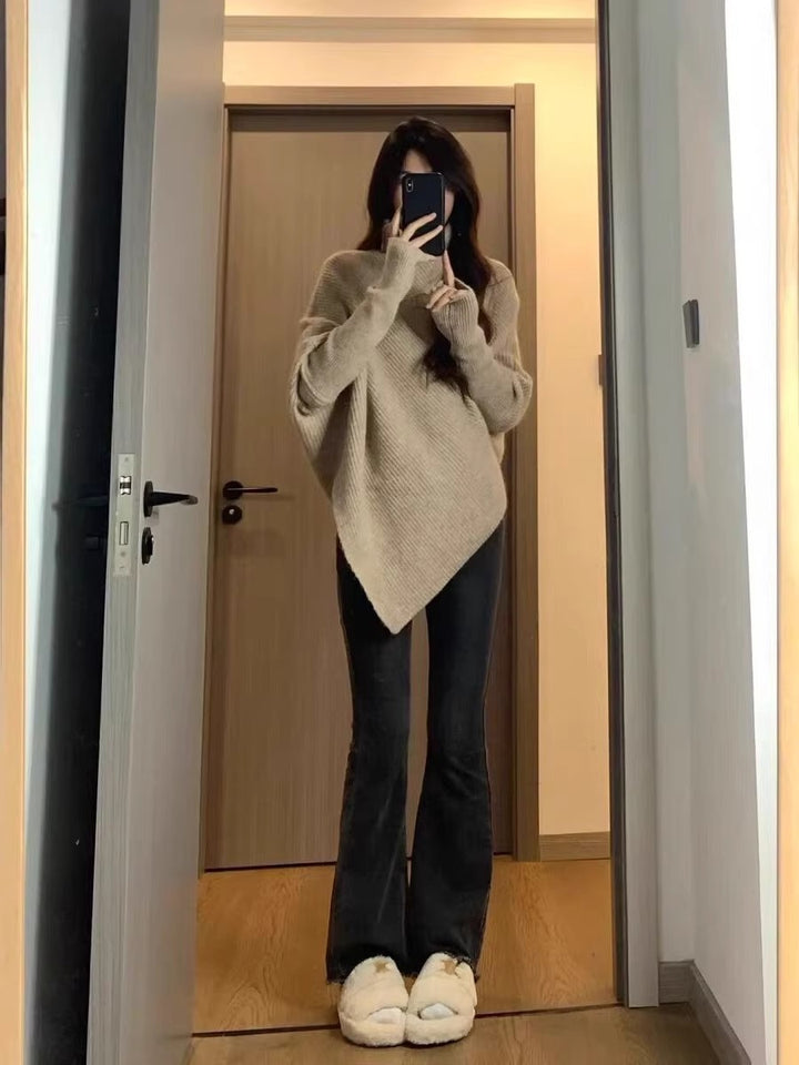 Taupe Full Sleeve Turtle Neck Asymmetrical Hem Sweater