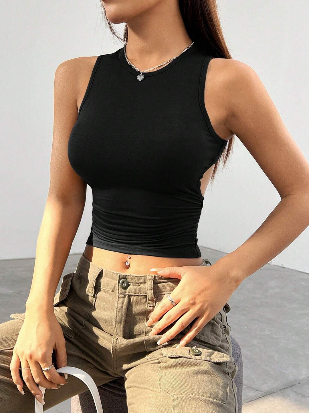 Black Solid Racer Backless Tank