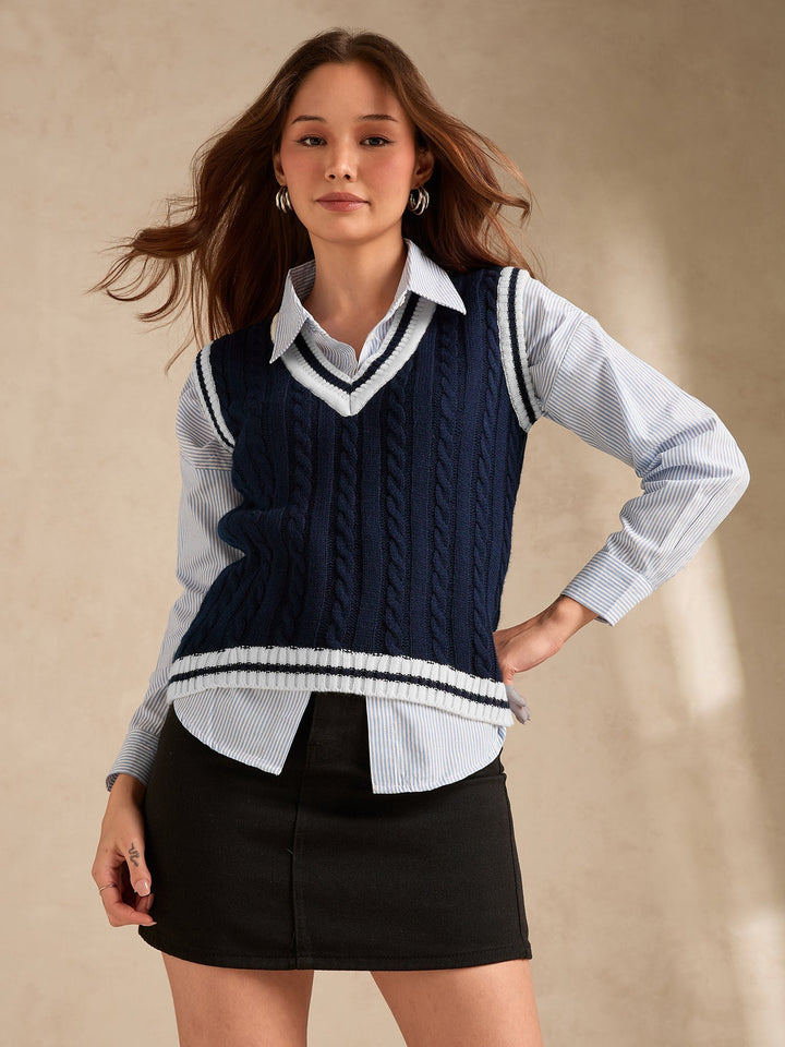 Navy Blue Varsity Contrast Tipping Sweater