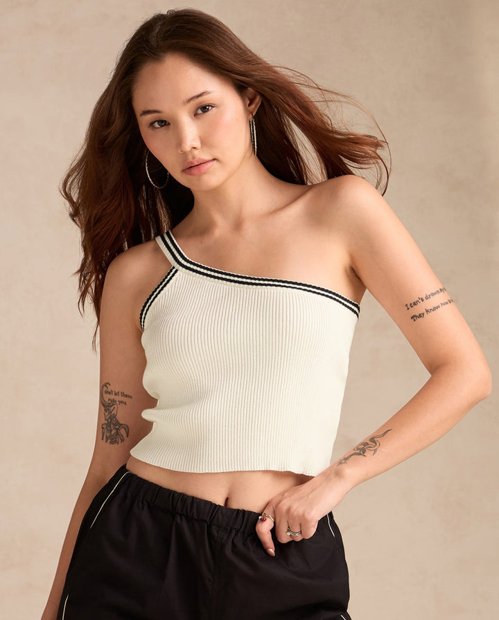 White One Shoulder Flat Knit Tank