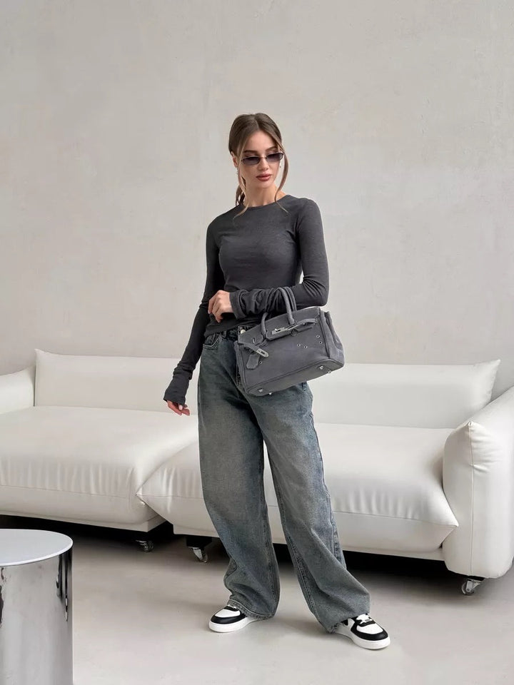 Grey Ruched Bell Cuff Sleeved Top