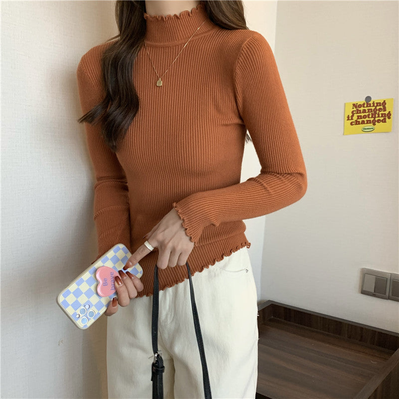 Brown Scalloped Hem High Neck Top