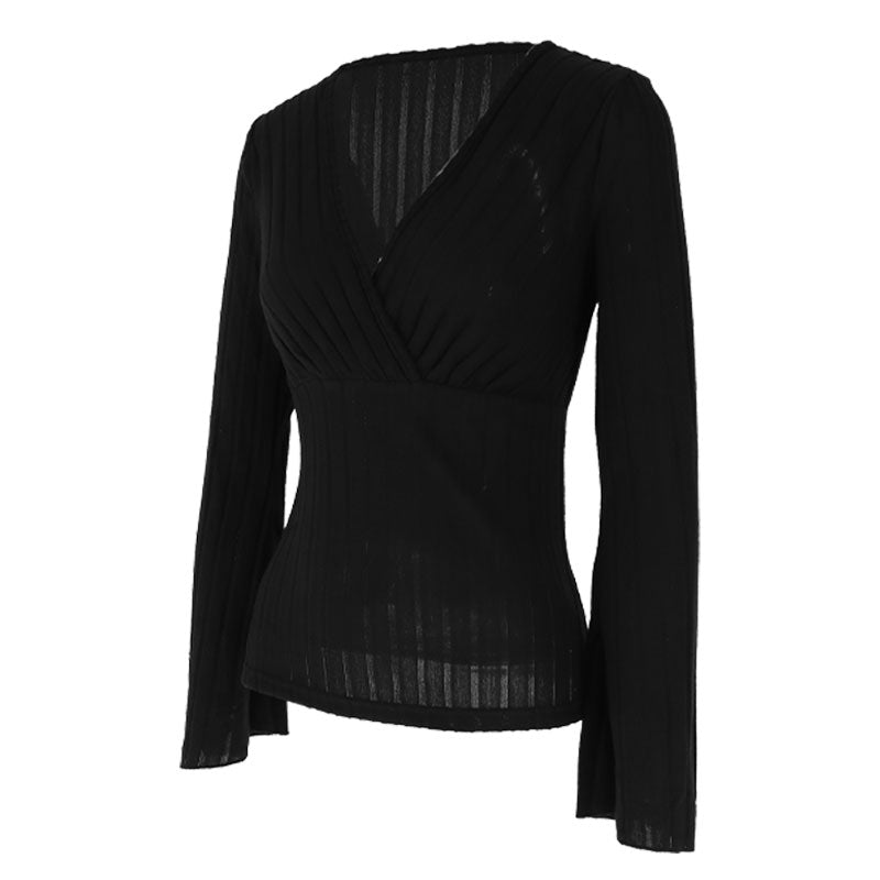 Black V Neck Bell Sleeves Fitted Top