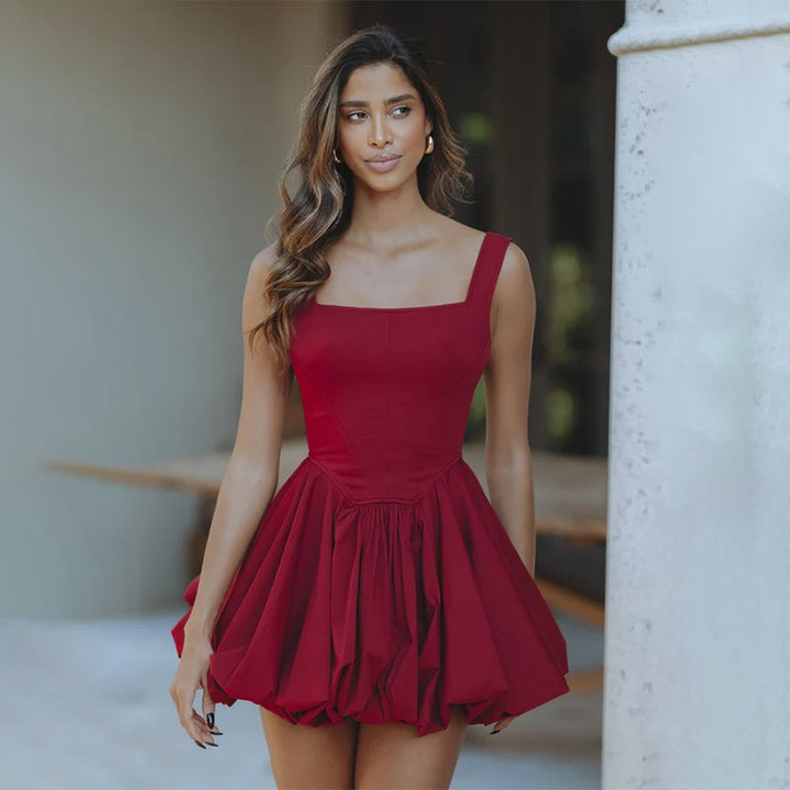 Red Square Neck Bubble Hem Dress