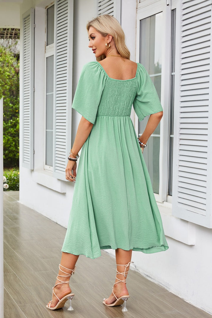 Green Flutter Sleeved Bow Detailed Neck Dress