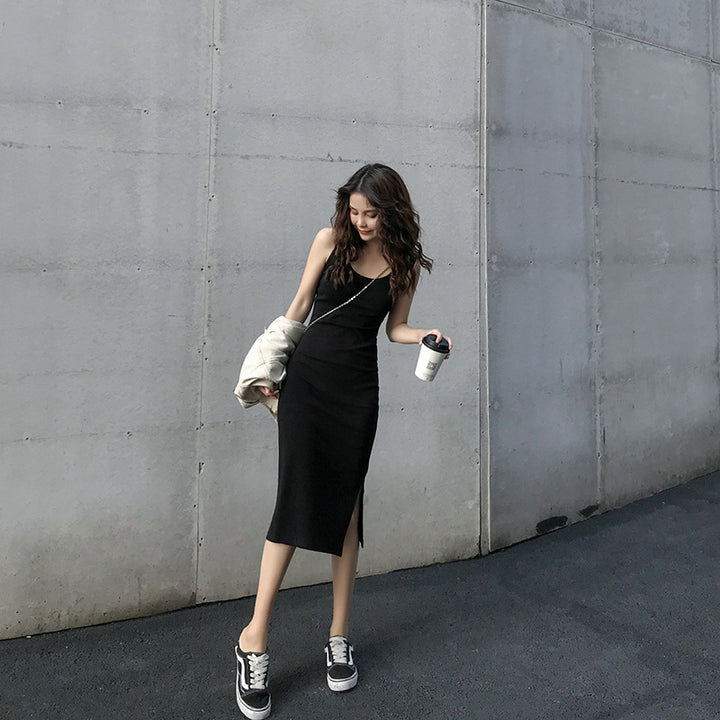 Black U Neck Back Strap Fitted Dress