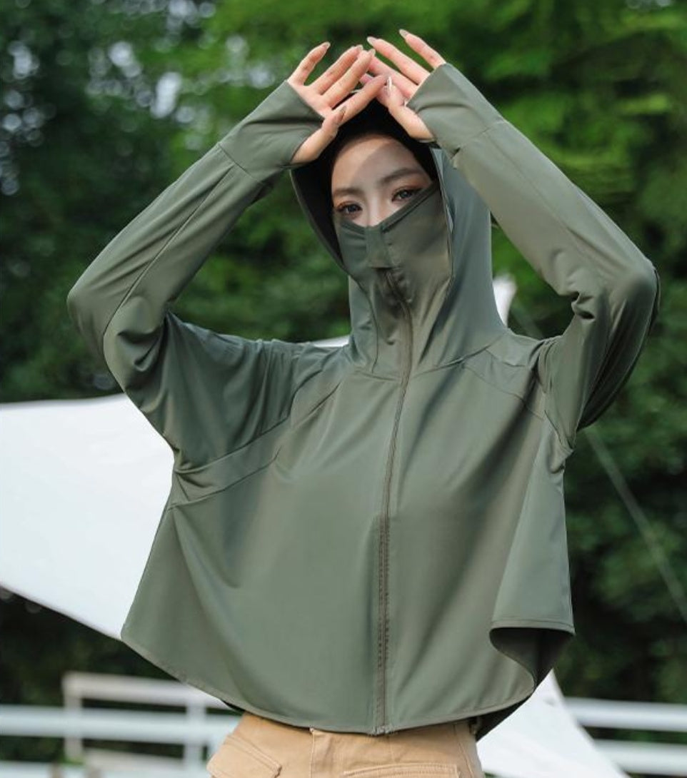 Olive Full Sleeve Front Zip Sunproof Hooded Jacket