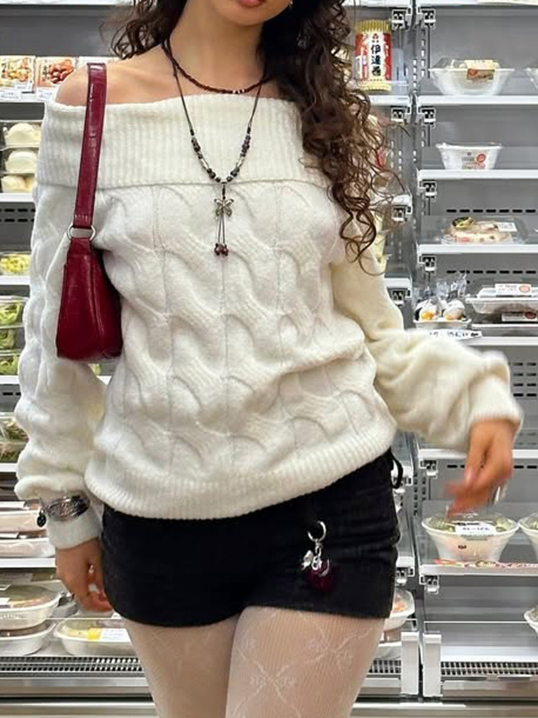 White Classic Cable Knit Turn-Up Neckline Relaxed Sweater