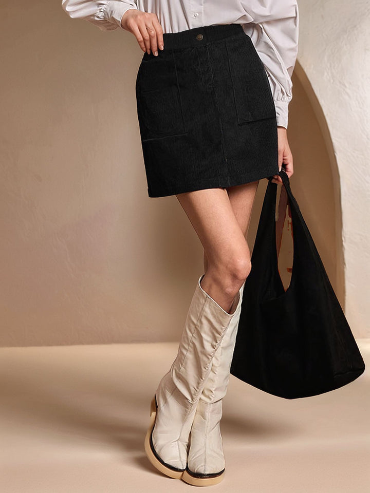 Black Solid A-Line Midi Skirt