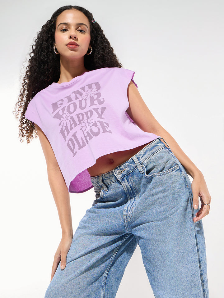 Lavender Sleeveless Crop Boxy Printed T-Shirt