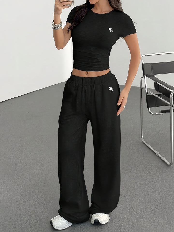 Black Short Sleeve Fitted Top And Pant Set