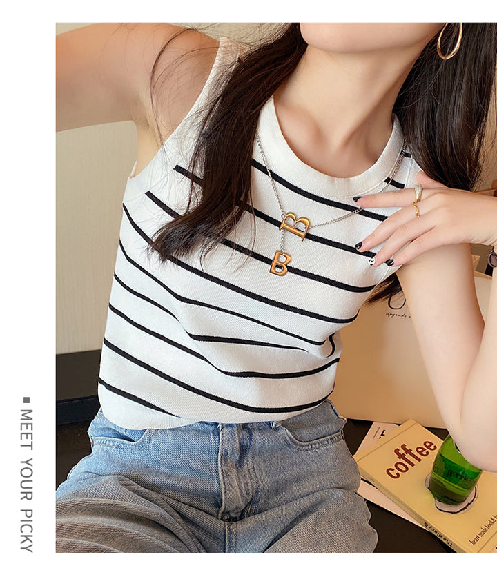 White Sleeveless Basic Striped Tank Top