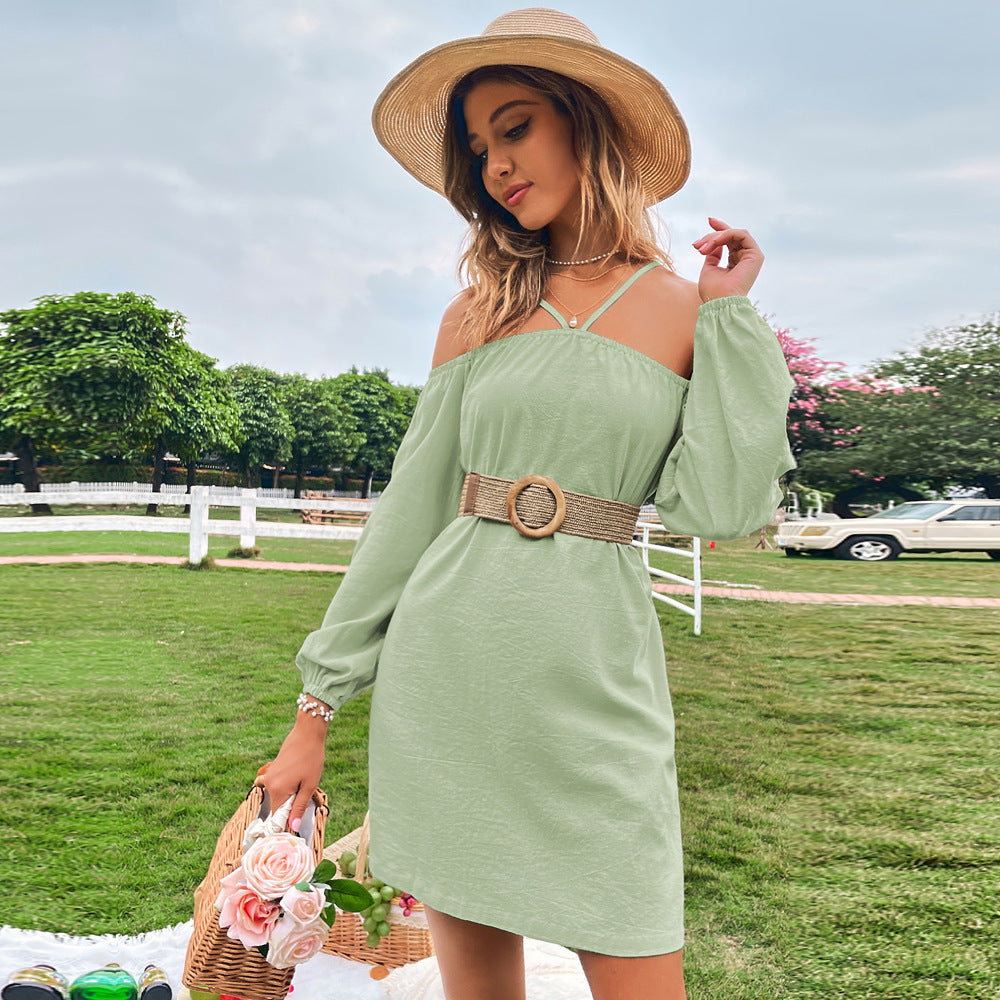 Green Cold Shoulder Bishop Sleeve Dress