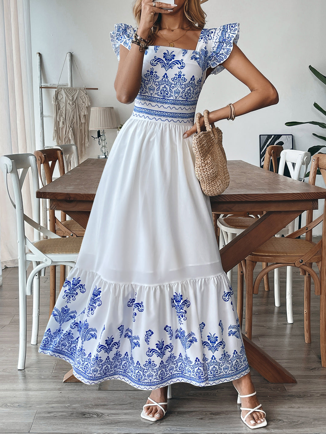 White Printed Flutter Sleeves Tiered Dress