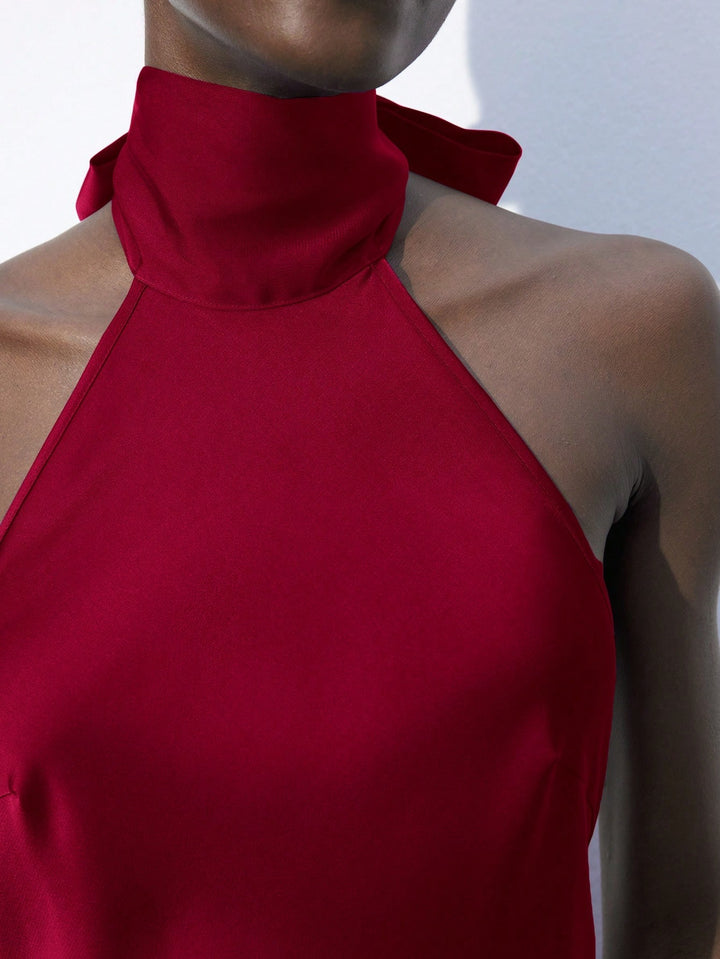 Red Halterneck Midi Dress