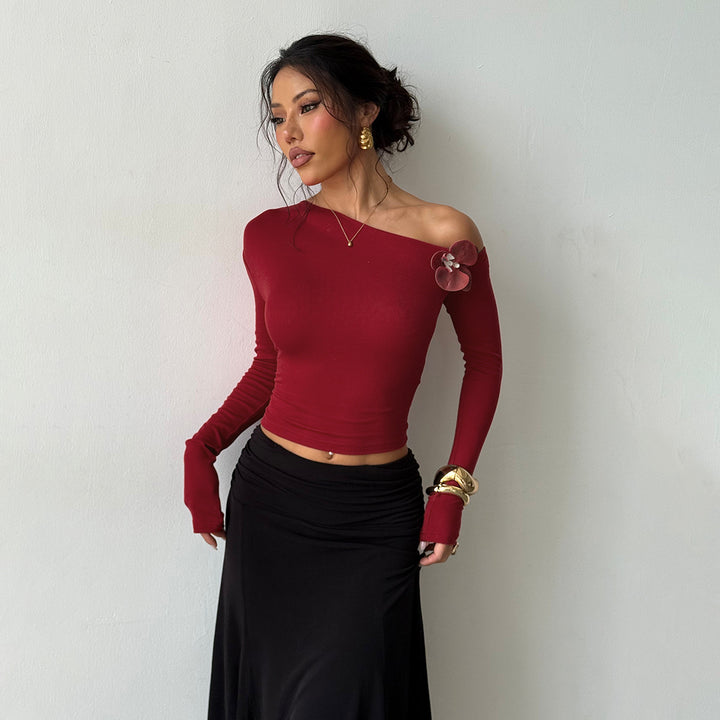 Burgundy Off-shoulder rosette top