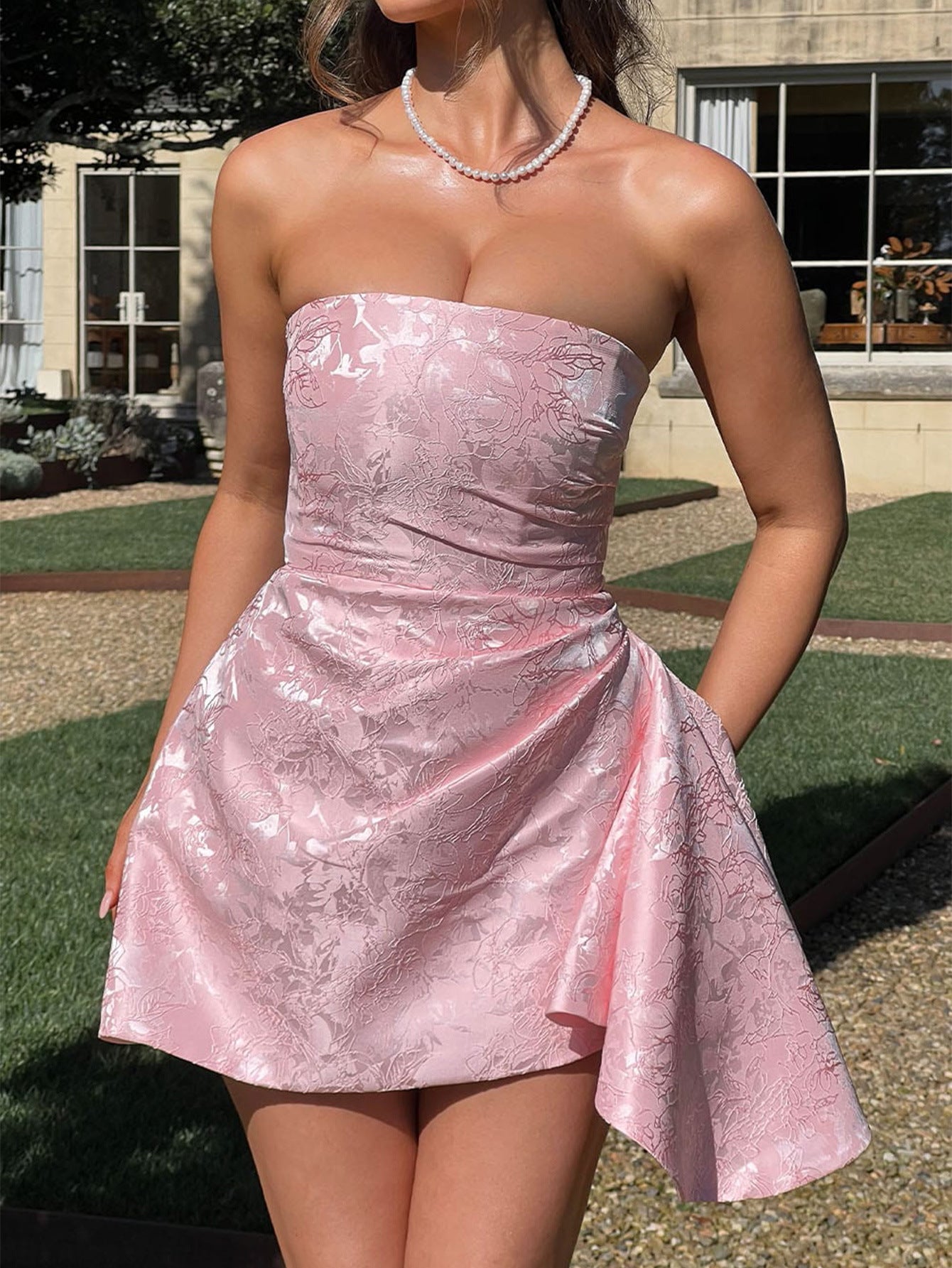 Pink Self Designed Tube Mini Dress