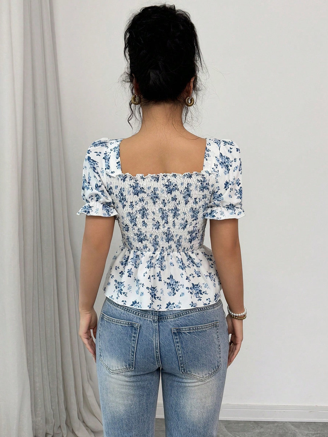 Blue Puff Sleeve Waist Fitted Flared Hem Top
