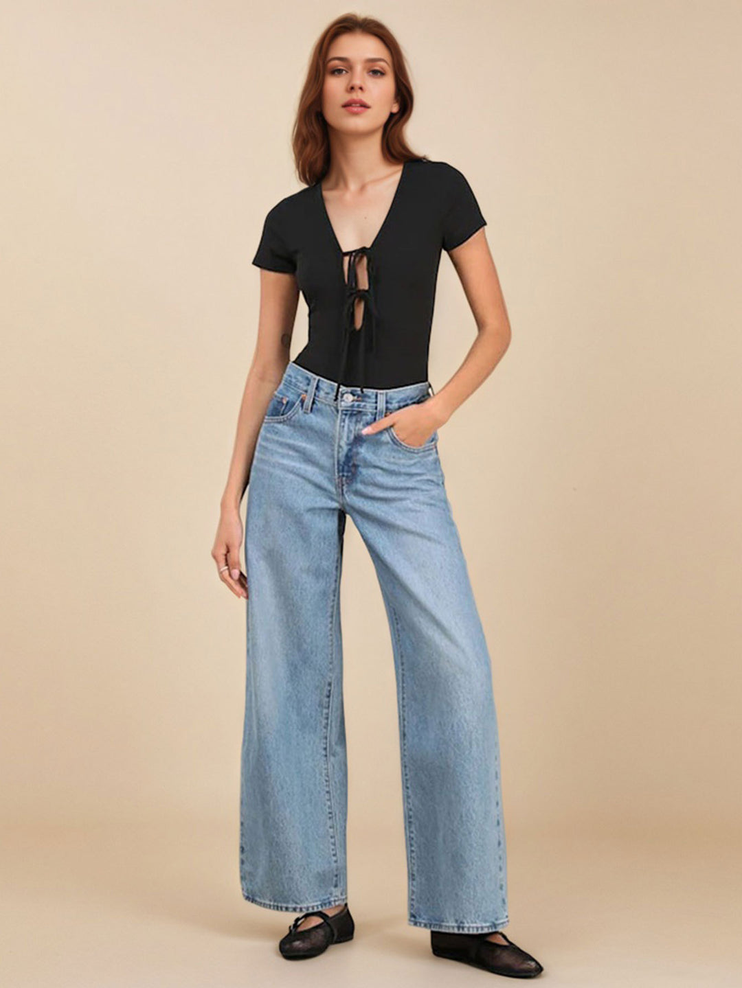 Black Front Tie-Up Short Sleeve Top