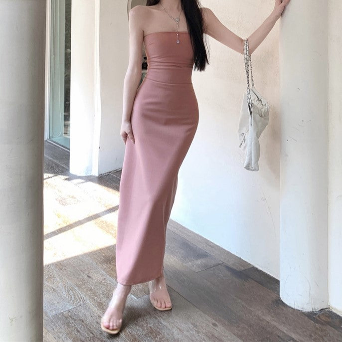 Pink Solid Tube Maxi Dress