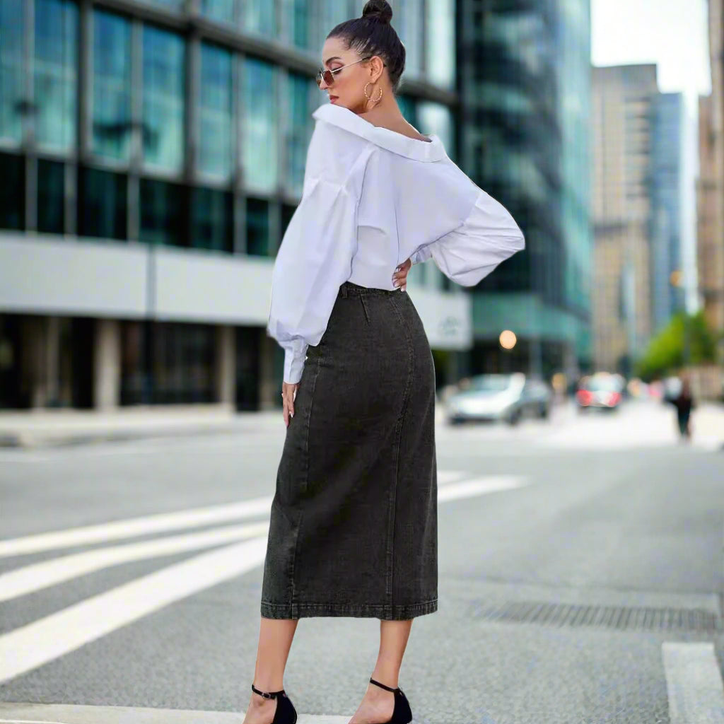 Black Side Button Down Denim Skirt