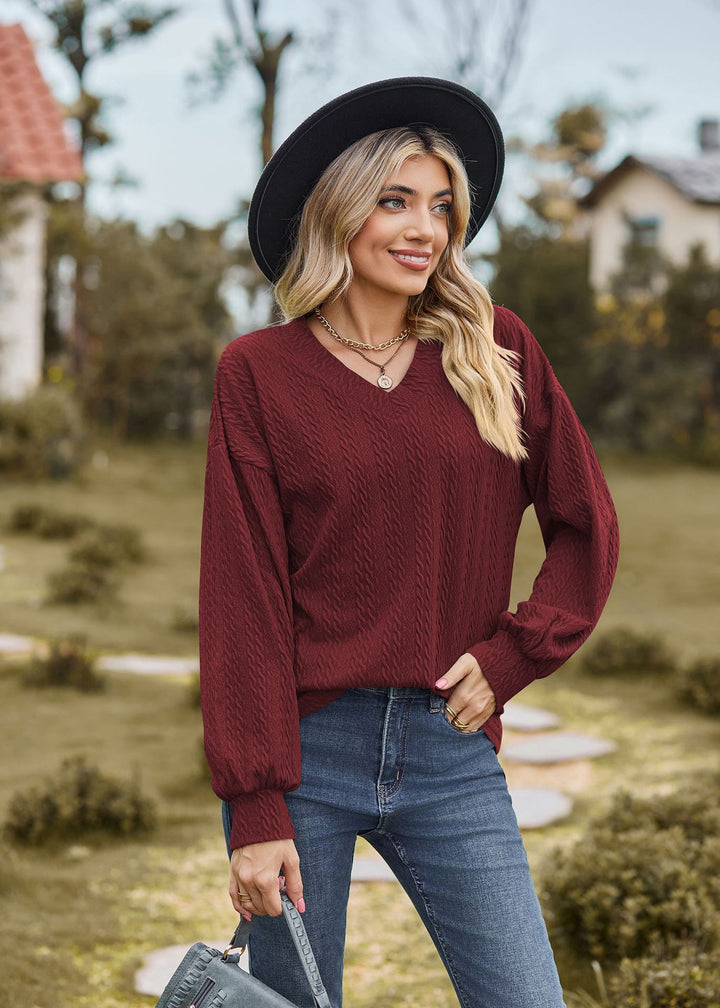 Maroon Bishop Sleeve V Neck Sweatshirt