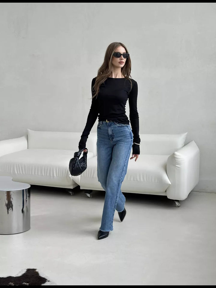 Black Ruched Bell Cuff Sleeved Top