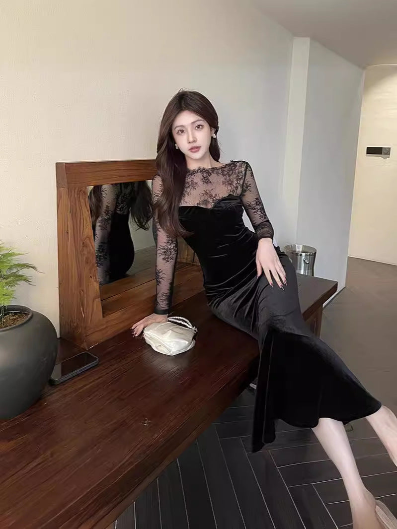 Black Fit And Flare Dress With Lace Inserts