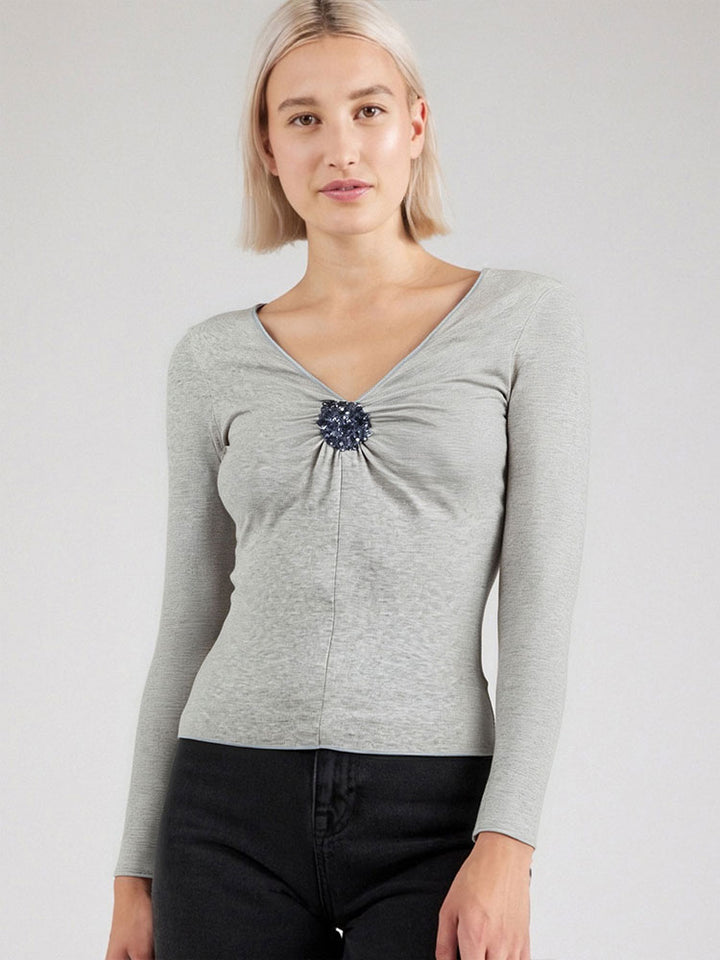 Grey Corsage V Neck Full Sleeves Fitted Top