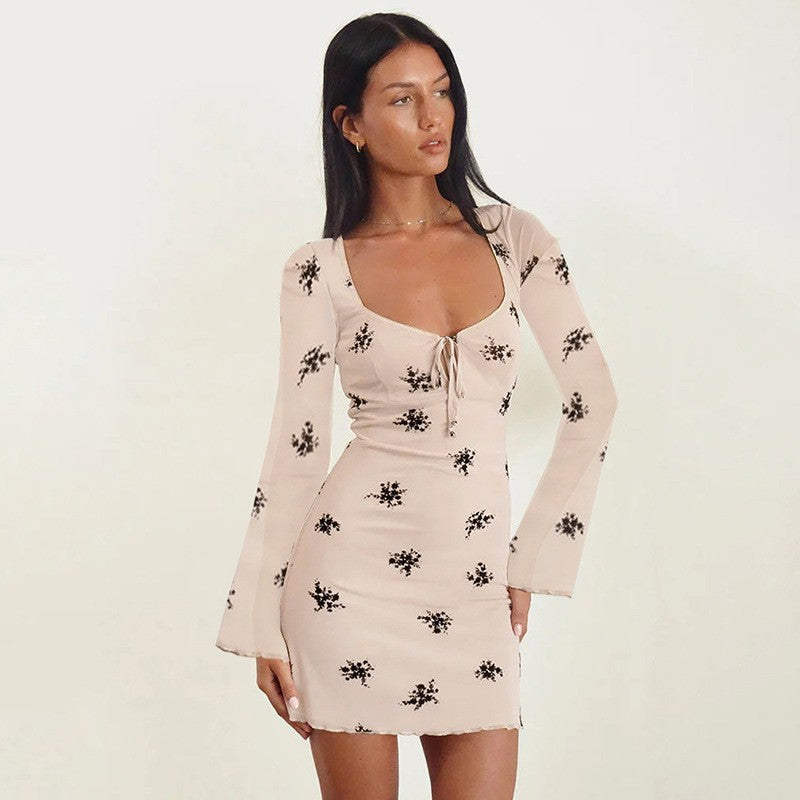 Cream Scoop Neck Printed Dress