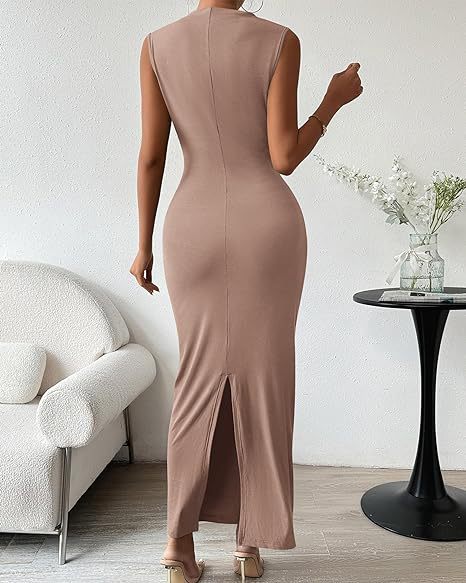 Brown Asymmetric Neck Side Ruched Bodycon Dress