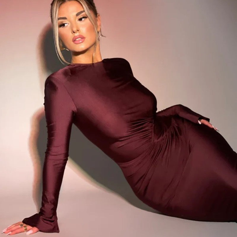Brown Full Sleeves Waist Detail Dress
