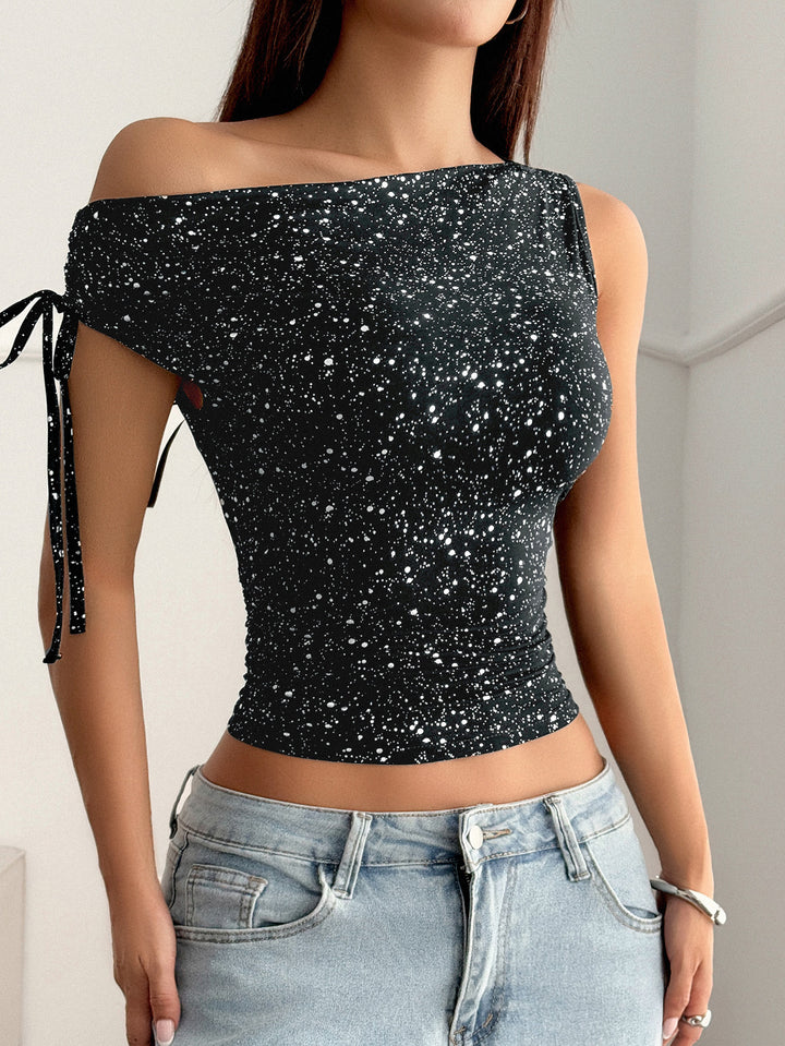 Black Slim Shimmer One Shoulder Top