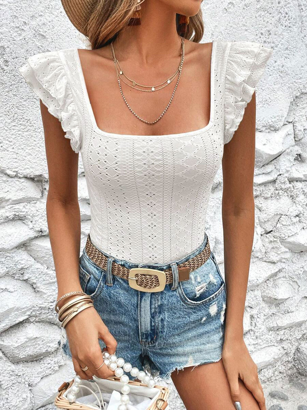 White Textured Knit Ruffle Sleeve Top