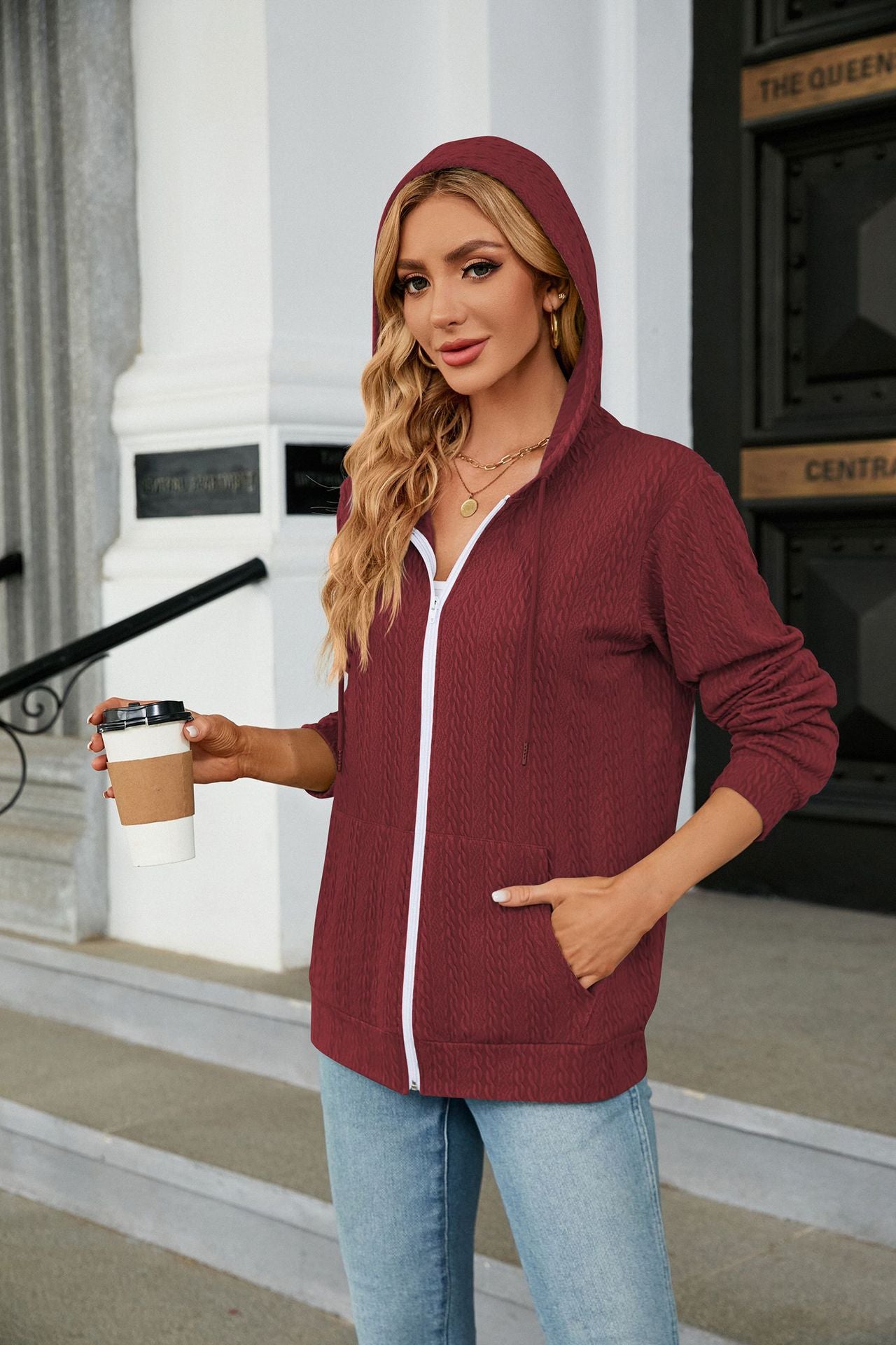 Maroon Full Sleeves Front Zip Hooded Jackets