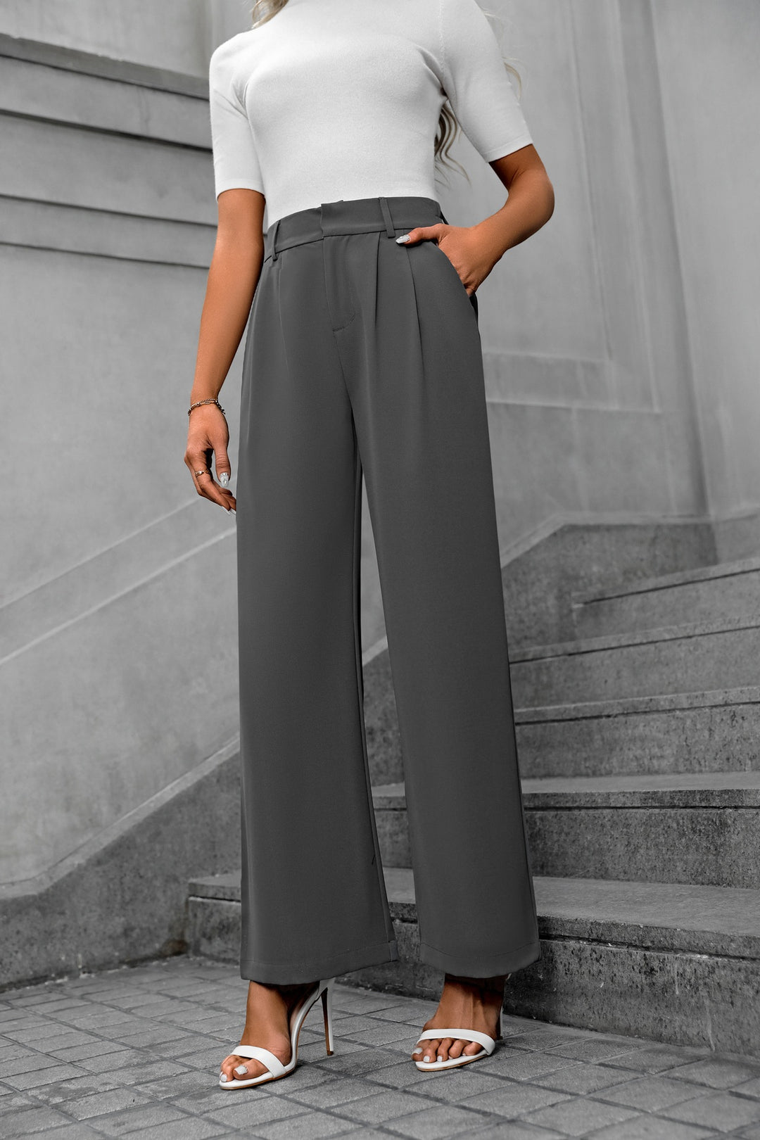 Grey  Waist Band Pleated Straight Fit Pants
