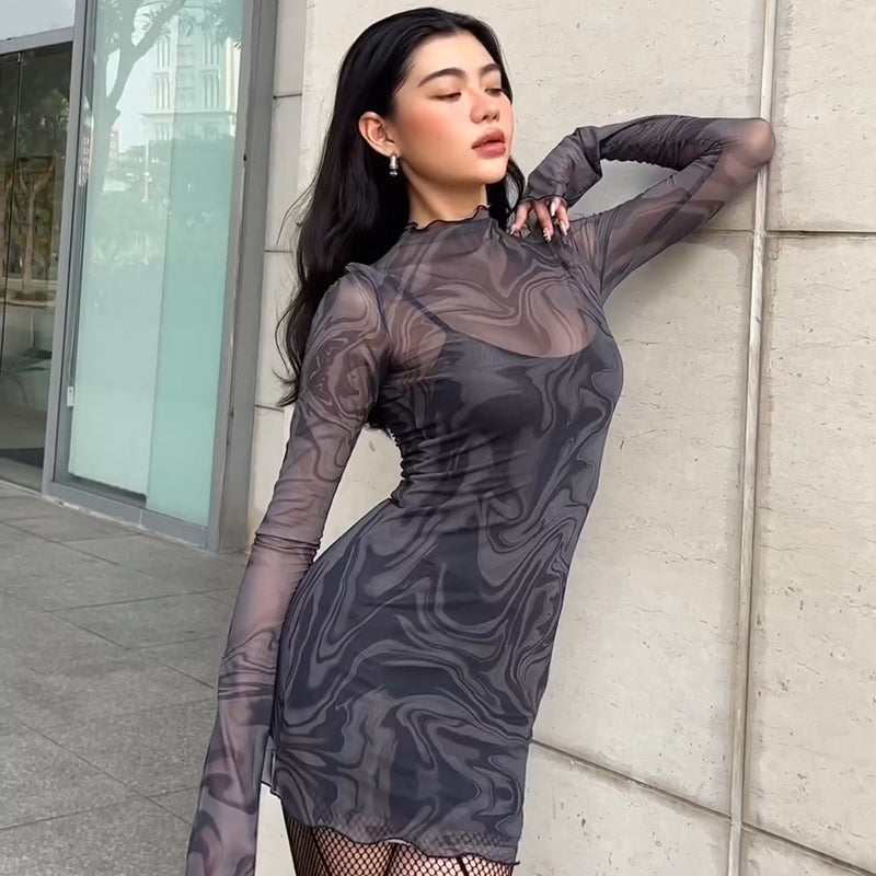 Black Printed Mesh Full Sleeves Mini Dress