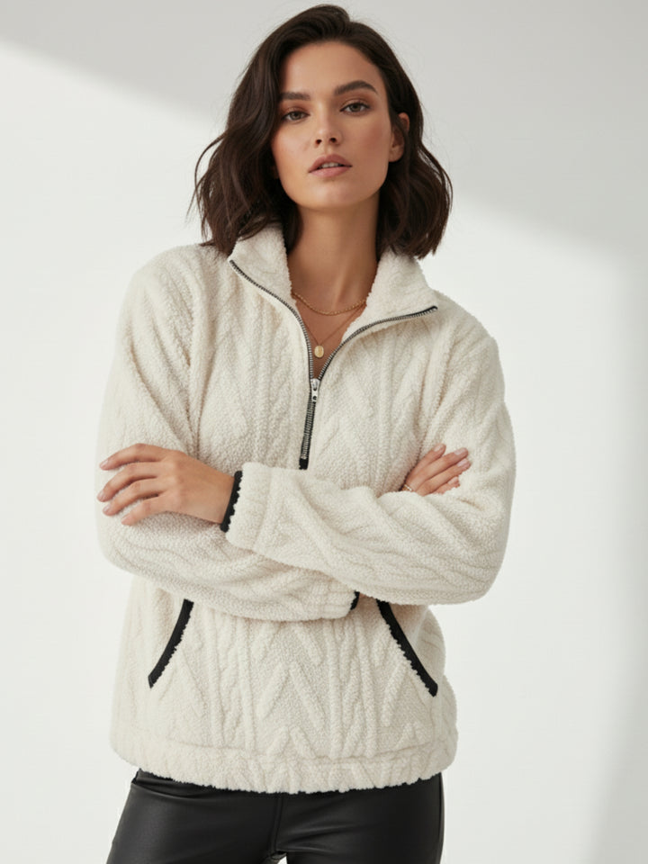 Off White Zip Up Collared Textured Sweater With Pockets