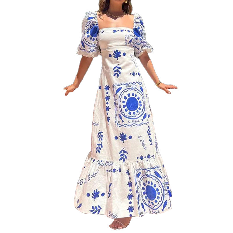White Sqaure Neck Puff Sleeves Flared Dress
