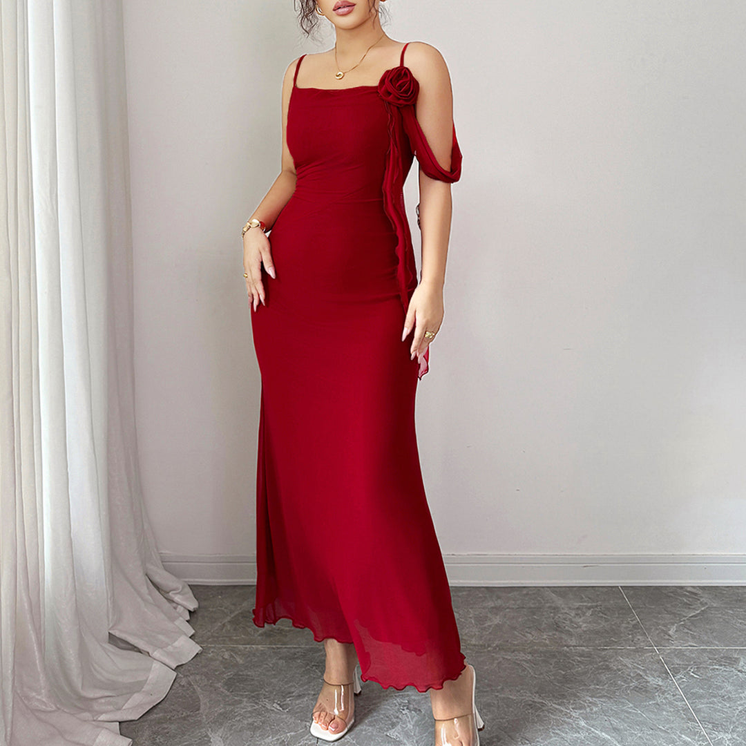 Red Spaghetti Strap Flower Detail Dress