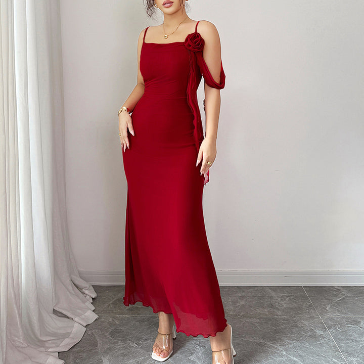 Red Spaghetti Strap Flower Detail Dress