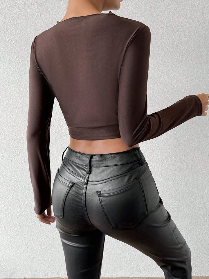 Brown Full Sleeve Neck Cut-Out Detail Top