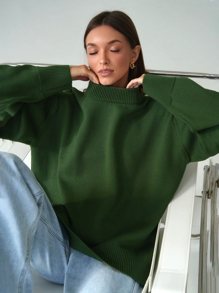 Green Relaxed High Neck Solid Sweater