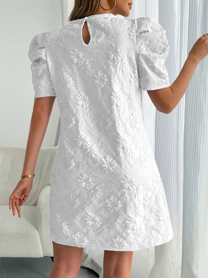 White Puff Sleeve Crew Neck Dress