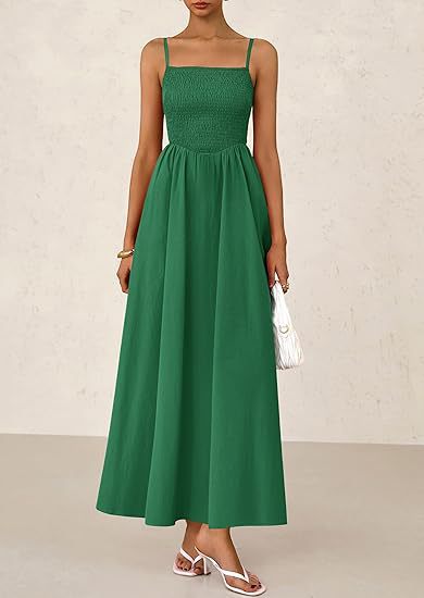 Green Strappy Square Neck Cinched Waist Dress With Pockets