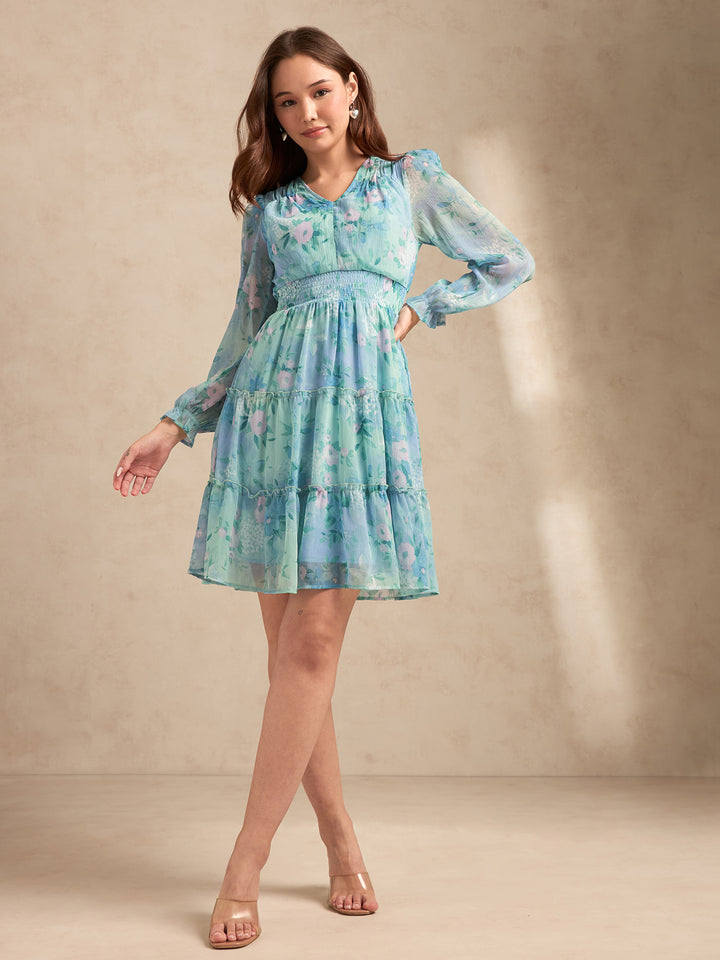 Blue Printed Full Sleeves Waist Smoked Dress