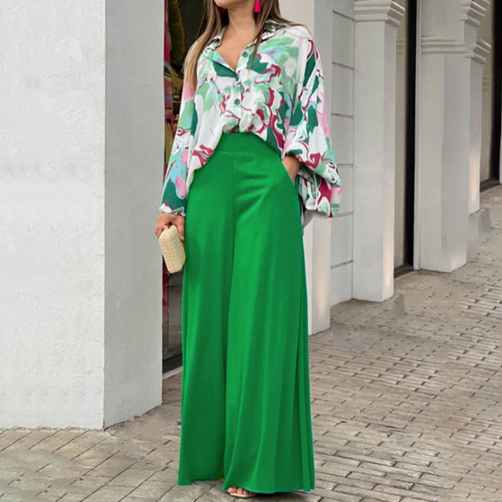 Green Printed Shirt And Solid Wide Leg Trouser Co-Ord Set