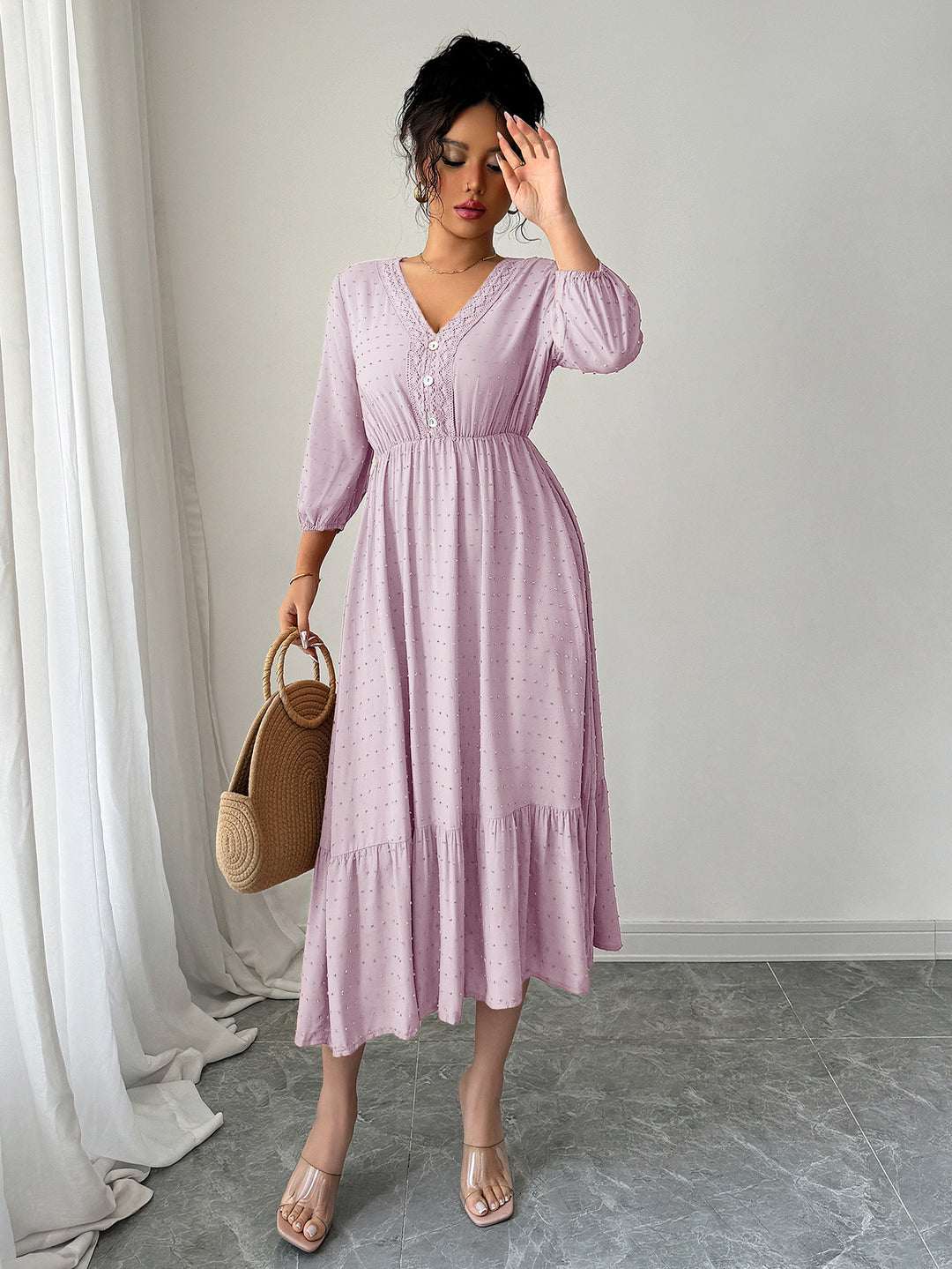 Pink Dobby Textured Fit & Flare Tiered Dress